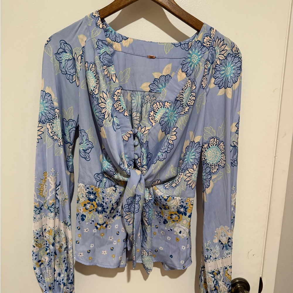 Free People Blue Floral Tie-Front Blouse